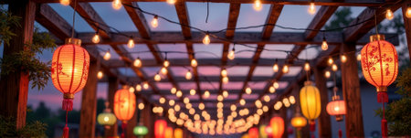 That the image is generated using AI. Lanterns and string lights on wooden pergola at dusk in traditional Asian setting.の素材