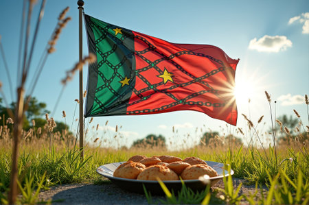 That the image is generated using AI. Patriotic display of guinea bissau flag with fresh pastries in sunny field.の素材