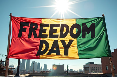 That the image is generated using AI. Freedom day banner with red, yellow, green colors against city skyline.の素材