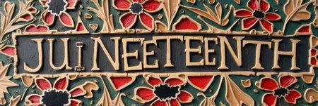 That the image is generated using AI. Juneteenth celebration art with vibrant red flowers and carved wooden letters.の素材