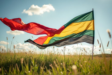 That the image is generated using AI. Vibrant flags waving in sunlit field with blue sky and clouds.の素材