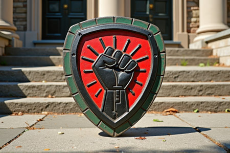 That the image is generated using AI. Shield with raised fist emblem on stone steps outdoors.の素材