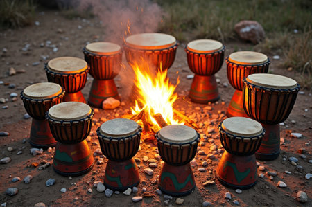 That the image is generated using AI. African hand drums circle around bonfire in outdoor gathering.の素材