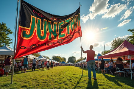 That the image is generated using AI. Juneteenth celebration outdoors with African American male holding banner on sunny day.の素材