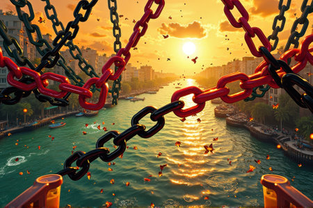 That the image is generated using AI. Surreal sunset over city canal with vibrant chains and butterflies.の素材