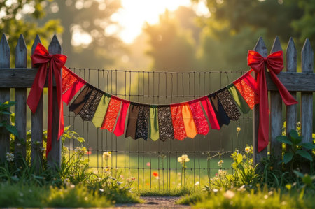 That the image is generated using AI. Festive garden gate with colorful banners and red bows at sunset.の素材