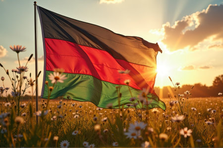 That the image is generated using AI. Zambian flag fluttering in sunlit daisy field during sunset.の素材