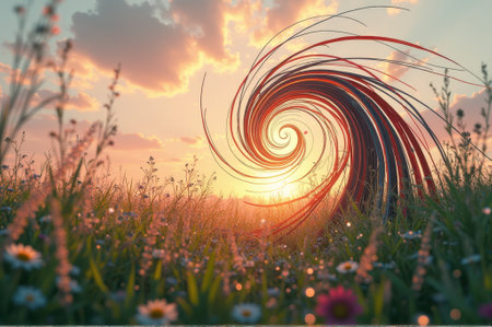 That the image is generated using AI. Vibrant spiral art in colorful meadow at sunset.の素材