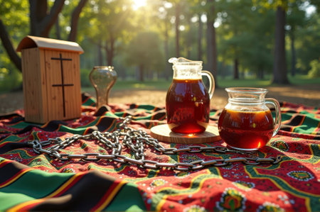 That the image is generated using AI. Outdoor picnic with chain-adorned tablecloth and refreshing iced tea in sunny forest.の素材