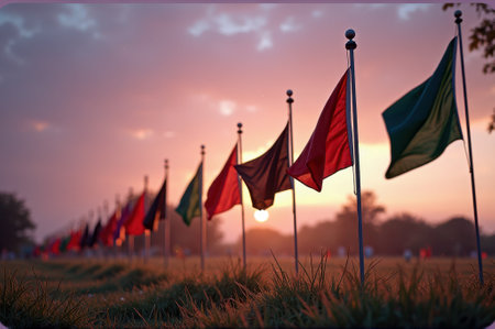 That the image is generated using AI. Colorful flags waving at sunset in a serene outdoor setting.の素材