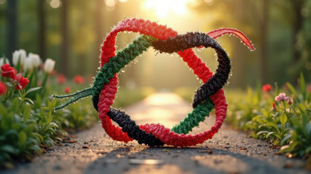 That the image is generated using AI. Colorful pipe cleaner knot in sunny garden pathway.の素材