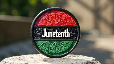 That the image is generated using AI. Juneteenth emblem on stone with red, black, and green colors celebrating freedom.の素材