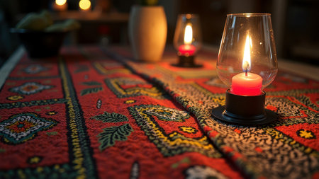 That the image is generated using AI. Warm candlelit ambiance on colorful patterned tablecloth.の素材