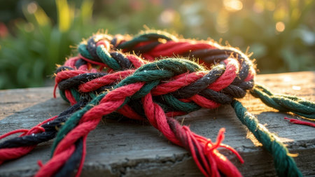 That the image is generated using AI. Close-up of colorful braided rope outdoors in sunlight.の素材