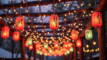 That the image is generated using AI. Enchanting red and green lanterns at evening festival with twinkling lights.の素材