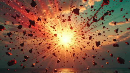 That the image is generated using AI. Explosive meteor shower sunset over ocean with vibrant sky and scattered rocks.の素材