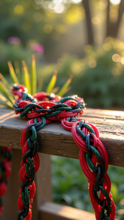 That the image is generated using AI. Colorful plastic chain decor on wooden bench in sunlit garden.の素材