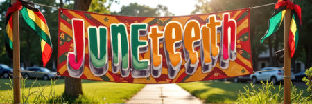 That the image is generated using AI. Colorful juneteenth banner with sunflare in a park setting.の素材