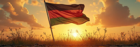 That the image is generated using AI. Afghan flag waving against sunset backdrop in serene landscape.の素材