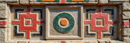 That the image is generated using AI. Intricate geometric patterns on ancient aztec stone wall.の素材