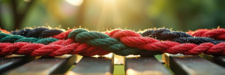 That the image is generated using AI. Sunlit close-up of red, green, and black braided rope on wooden surface outdoors.の素材