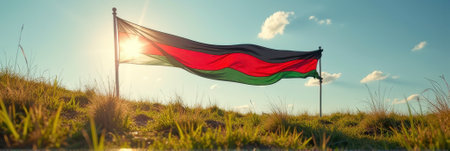 That the image is generated using AI. Malawi flag waving in sunny field with blue sky and clouds.の素材