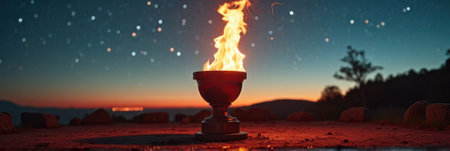 That the image is generated using AI. Outdoor fire pit at sunset with glowing stars and scenic landscape view.の素材