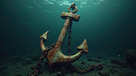 That the image is generated using AI. Rusty anchor submerged underwater with chains on ocean floor.の素材