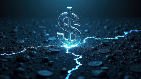 That the image is generated using AI. Glowing dollar symbol amid electric cracks on dark surface.の素材