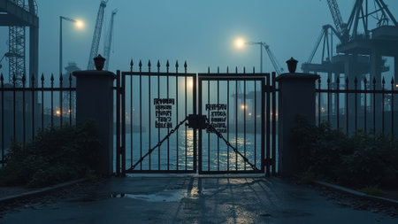 That the image is generated using AI. Misty harbor gate at night with silhouetted cranes and foggy lighting.の素材
