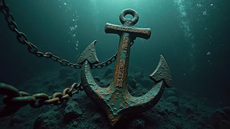 That the image is generated using AI. Rusted anchor on ocean floor with chain and bubbles in underwater scene.の素材