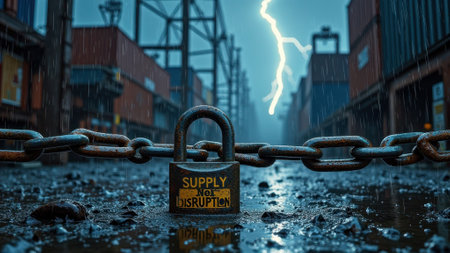 That the image is generated using AI. Supply chain disruption amidst storm with padlock and lightning.の素材