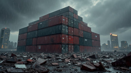 That the image is generated using AI. Stacked shipping containers amidst storm in urban landscape.の素材