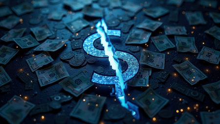 That the image is generated using AI. Glowing broken dollar sign surrounded by scattered currency and coins.の素材