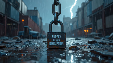 That the image is generated using AI. Supply chain disruption padlock in rainy industrial landscape with lightning bolt.の素材