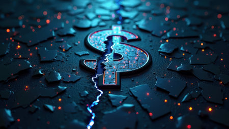 That the image is generated using AI. Cracked dollar symbol with lightning effect and dark shattered surface.の素材