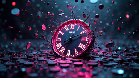 That the image is generated using AI. Neon-lit clock exploding with coins in mid-air, capturing time and wealth dynamics.の素材