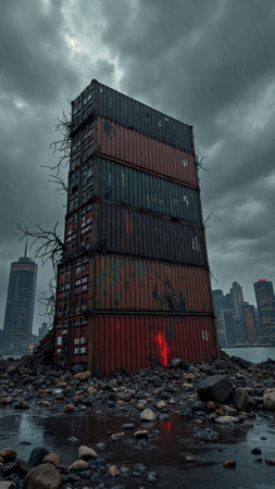 That the image is generated using AI. Stacked shipping containers in stormy urban landscape with city skyline.の素材