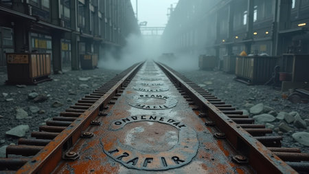 That the image is generated using AI. Foggy industrial railway with steel tracks and factory buildings.の素材