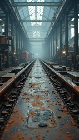 That the image is generated using AI. Rusty train tracks in abandoned industrial warehouse with hazy atmosphere.の素材