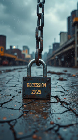 That the image is generated using AI. Locked chain on cracked ground symbolizes 2025 economic recession in industrial environment.の素材