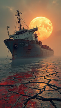 That the image is generated using AI. Cargo ship on dry cracked ground with full moon at sunset.の素材