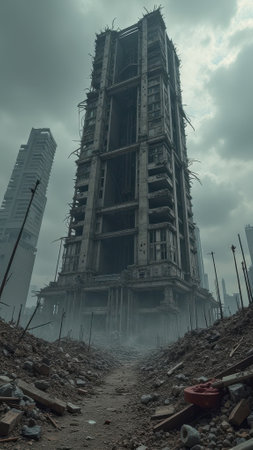 That the image is generated using AI. Abandoned skyscraper amidst urban ruins and gloomy sky.の素材