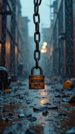 That the image is generated using AI. Hanging chain with recession 2025 padlock in rainy urban alley.の素材