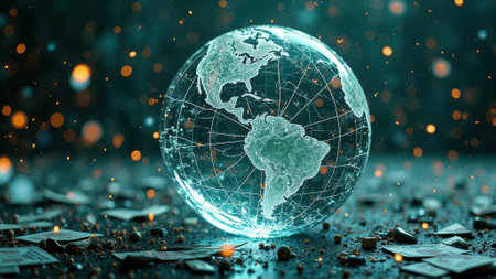 That the image is generated using AI. Glowing glass globe on dark surface surrounded by currency and glittering particles.の素材