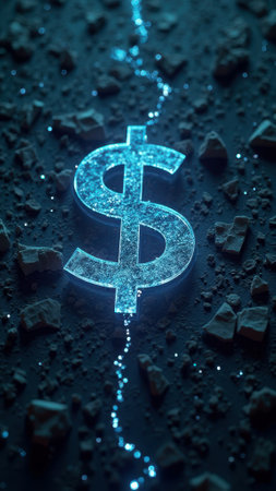 That the image is generated using AI. Glowing dollar sign on fragmented rocky surface illuminating path.の素材