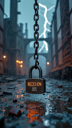 That the image is generated using AI. Recession 2025 concept: heavy padlock in rainy industrial setting with lightning.の素材