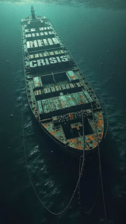 That the image is generated using AI. Abandoned rusty cargo ship with 'crisis' painted on deck in dark ocean waters.の素材
