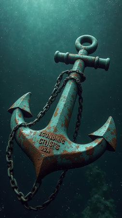 That the image is generated using AI. Rusty anchor underwater with "economic crisis usa" engraving.の素材