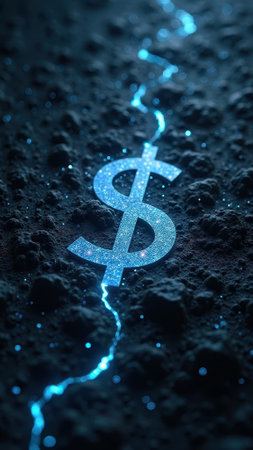 That the image is generated using AI. Glowing dollar symbol on cracked surface with blue neon light.の素材